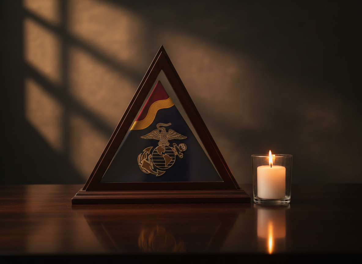 A USMC (United States Marine Corps) memorial image featuring a folded Marine Corps flag in a dark walnut triangular display case, with a single lit white candle in a simple glass holder placed beside it. The Marine Corps emblem (Eagle, Globe, and Anchor) is subtly visible. Warm, respectful lighting with a solemn yet hopeful atmosphere. Shot at eye level with a centered composition, soft shadows, golden light.